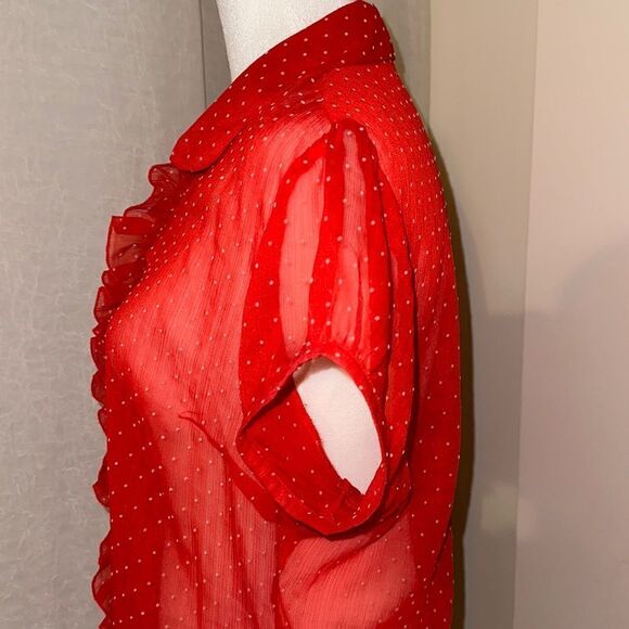 Guess L Red Textured Polka Dot Romantic Sheer Short Sleeve Collared Blouse - Picture 5 of 16